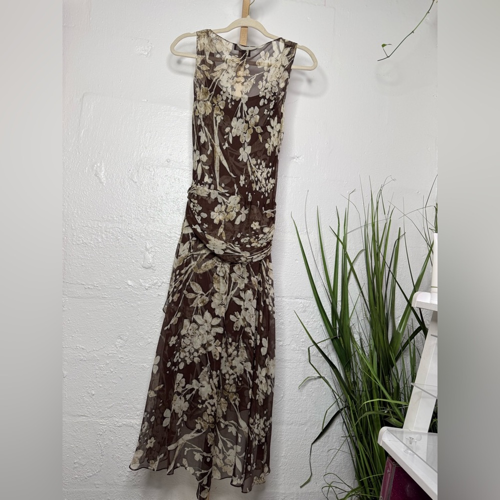Anne Klein 100% Silk Floral Dress Sleeveless Brown Cream Wrap Waist Midi Dress - Picture 5 of 9